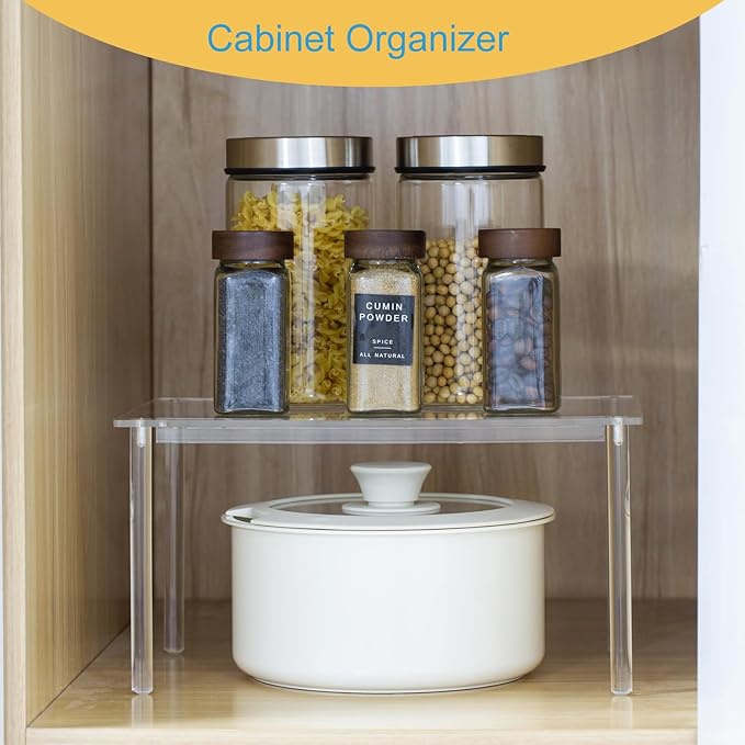 1 Pack Acrylic Cabinet Organizer, Kitchen Countertop Counter Organizer, Clear Spice Rack, Shelf Risers Cabinets for Bathroom, Desk, Dresser Cupboard Organizers and Storage