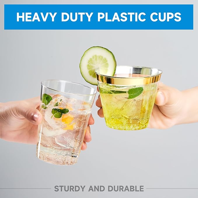 RACETOP 9 oz 200 Pack Plastic Cups with Gold Rim, Disposable Gold Rim Clear Plastic Cups for Parties, Gatherings, Weddings, and Festival Events