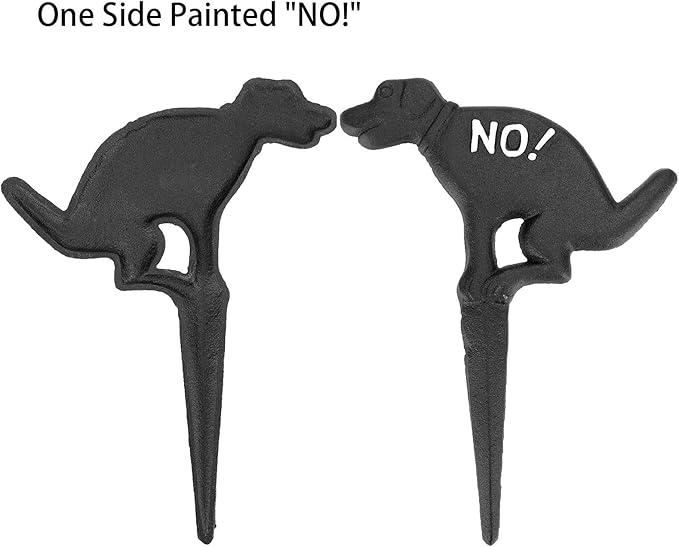 JUXYES Pack of 2 Cast Iron No Pooping Yard Sign Stake, No Dog Allowed Poop Spike Garden Hose Guides Decorative Stake for Garden Lawn Yard Black