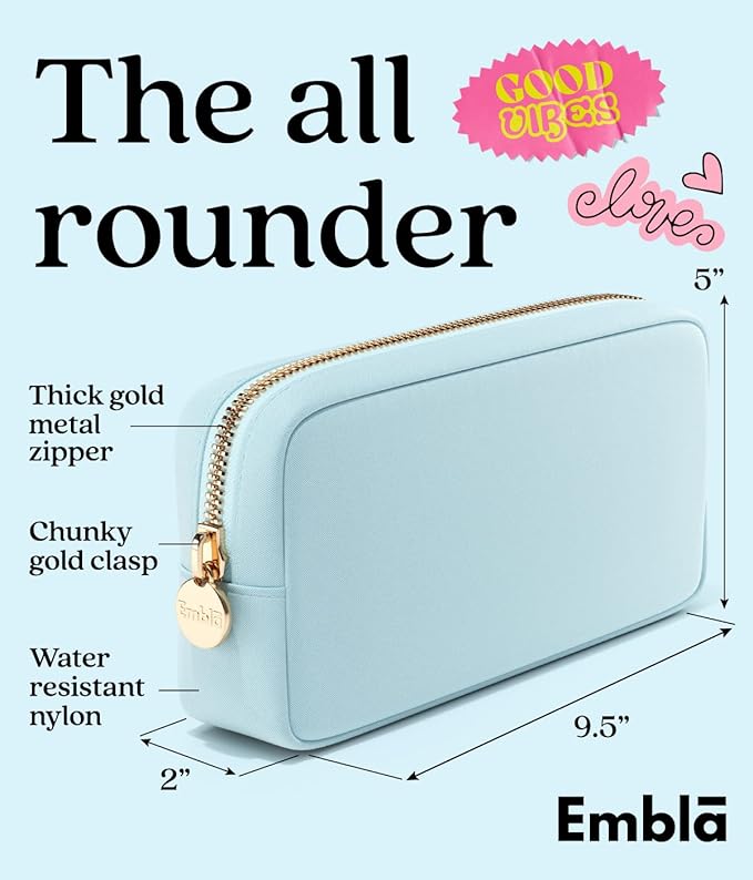 Embla Makeup Bag Travel Cosmetics Pouch and Toiletry Bag, Nylon Zipper Pouch Purse, Cute Make Up Organizer Storage Tote for Women Girls, Waterproof Travel Skincare Case, Small Makeup Bags, Sky Blue