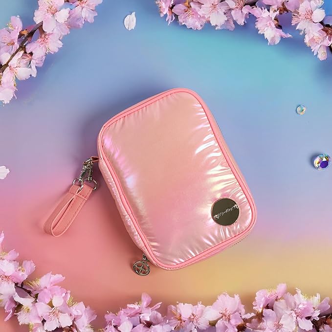 Travel Jewelry Organizer Case with Zipper and Mirrored Charm, Small Portable Jewelry Storage Bag for Rings, Necklaces, Earrings, Travel Pouch, Christmas Winter Gift for Her, Holographic Pink