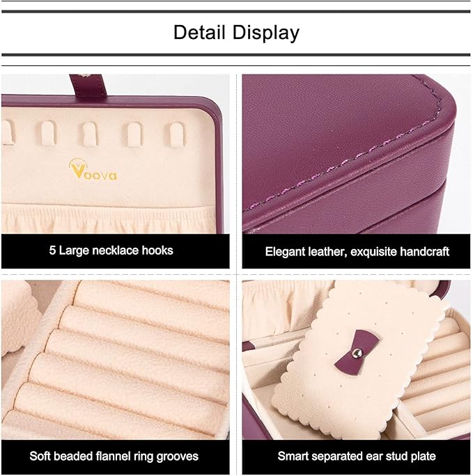 Voova Small Jewelry Organizer Box, Travel Jewelry Case for Women Teen Girls, Mini PU Leather Portable Jewellery Storage Boxes Holder with Smart Earrings Plate for Necklaces Rings Bracelets, Purple