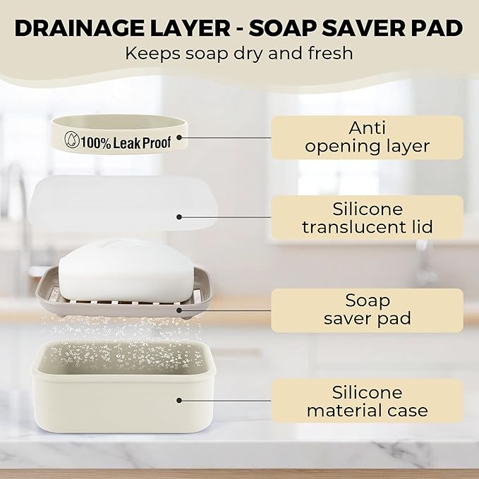 Compact Leakproof Travel Soap Case with Lid & Silicone Strap - Portable Draining Soap Bar Holder for Gym, Bathroom, Camping - Lightweight Silicone Soap Dish Container (Off-White)