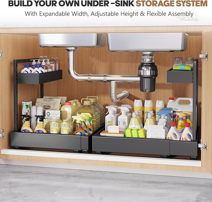 1-Pack L-Shape Expandable Under Sink Organizer with 3 Ball-Bearing Slide Rails, 2-Tier Pull-Out Under Cabinet Storage Shelf for Kitchen & Bathroom, Height-Adjustable Slide-Out Cabinet Drawer - Black