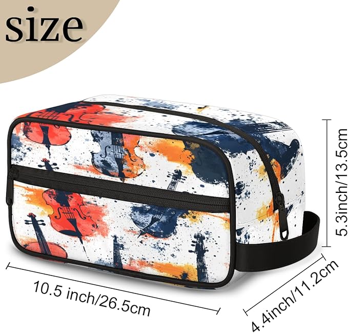 Violin Splash Art Travel Toiletry Bag for Women, Waterproof Cosmetic Makeup Bag with PU Handle & Zipper, 2 Compartment Portable Shaving Bag for Bathroom, Gym, Business Trips
