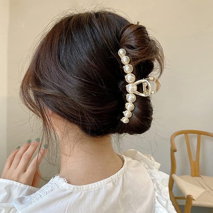 Vintage Metal Pearl Hair Clip, Imitation Pearl Hair Claw Clips Large Size, Hair Clasps Accessories for Women Lady Girls, 2 Pieces