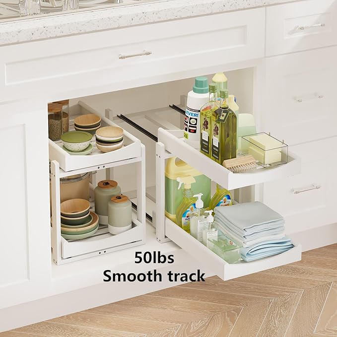 Wisuce Essentials Bamboo Under Sink Organizer Adjustable Height 2 Tier Bathroom Organizer Pull Out Cabinet Storage Kitchen Heavy Duty Wood Slide Out Shelf for Kitchen Bathroom (White, 2 Packs)