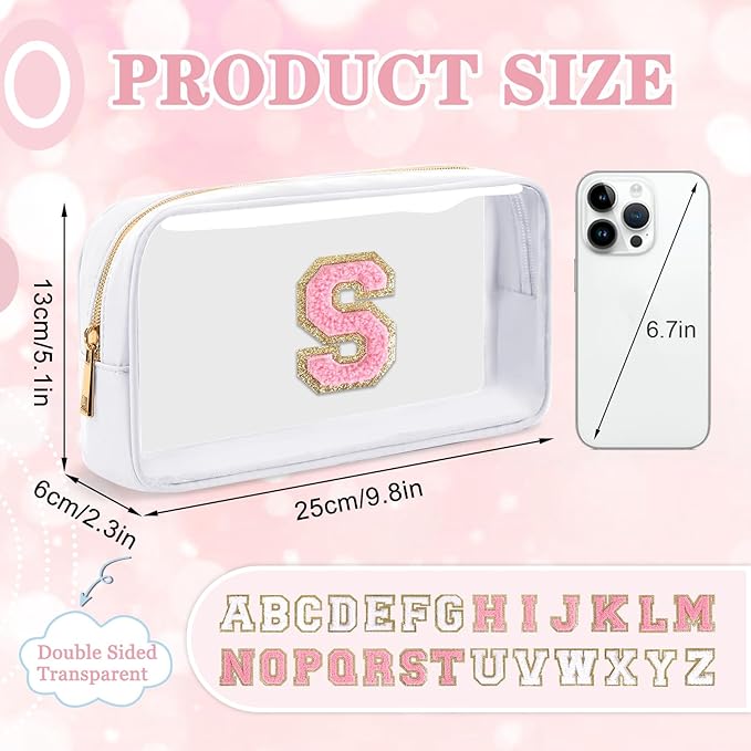 Small Clear Personalized Initial Makeup Bag,Nylon Preppy A-Z Chenille Letter Patch Cosmetic Pouch Beach Toiletry Bag,Waterproof Zipper Travel Purse Storage Bag Organizer for Women Girls(White-Pink S)
