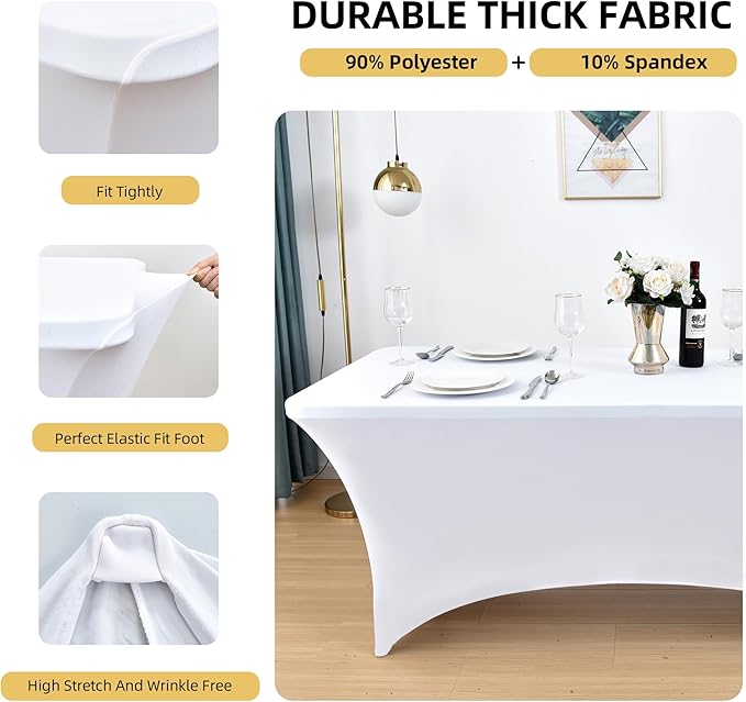 ZarzaaSik 10-Pack 8ft White Spandex Table Covers for Rectangle Folding Tables - Washable Elastic Tablecloth - Ultimate Fitted Table Protector for Parties, Trade Shows, Banquet, and Wedding