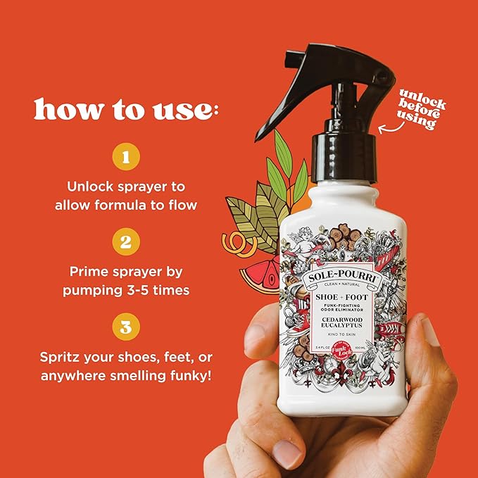 Sole-Pourri Shoe Deodorizer + Foot Spray, 3.4 Fl Oz, Up to 150 Uses, Funk-Fighting Odor Freshener with Essential Oils, for Smelly Shoes, Feet & Gym Bags, Cedarwood & Eucalyptus Scent