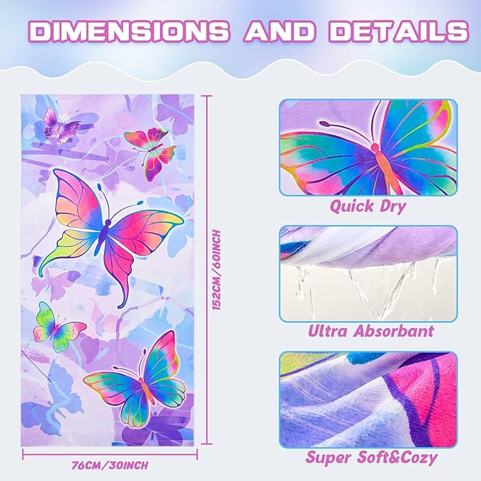 WERNNSAI Beach Towel for Kids, 30”x 60”Butterfly Quick Dry Sand Free Kids Beach Towel for Girls Personalized Beach Towel Pool Camping Travel Towel Soft Beach Blanket Bath Shower Towel