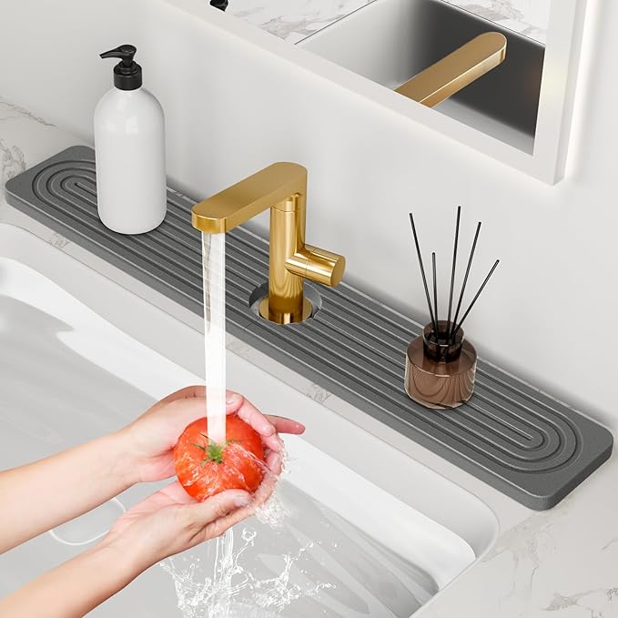 24'' Longer Faucet Mat for Kitchen Sink [Diatomite Stone Super Fast Drying] Stone Faucet Mat for Kitchen Sink Splash Guard Sinks Stones Quick Dry Around Faucets Stones Drying Mats Bathroom