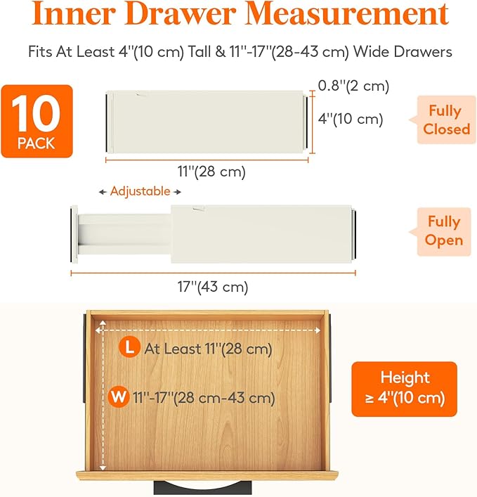Lifewit 10 Pack Drawer Dividers Plastic 4" High, 11-17" Adjustable Drawer Organizers for Clothes, Expandable Dresser Separators in Bedroom/Bathroom/Kitchen/Office Organization and Storage, Beige