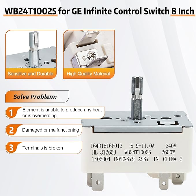 WB24T10025 Surface Burner Range Infinite Control Switch 8 Inch, Replace for AP2024072, 769692, AH236750, EA236750, PS236750,164d1816p012, Compatible with GE, for Kenmore, for Hotpoint Certain Stoves