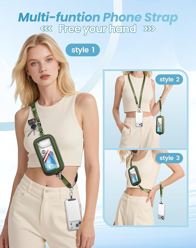 SHANSHUI Clip and Go Phone Strap Wallet Crossbody Phone Lanyard, Detachable Wristlet Strap with Zipper Phone Screen ID Window, 2 Pcs Metal Tether Pads Compatibe for iPhone & Most Smartphones Green