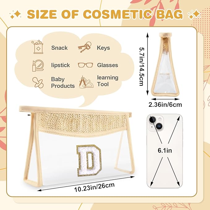 Personalized Initial Letter Bag Boho Straw Clear Makeup Bag, Small Cute Chenille Varsity Letter Bag With Zipper, Beach Travel Toiletry Bag, Portable Monogrammed Cosmetic Bag for Women Girls, D