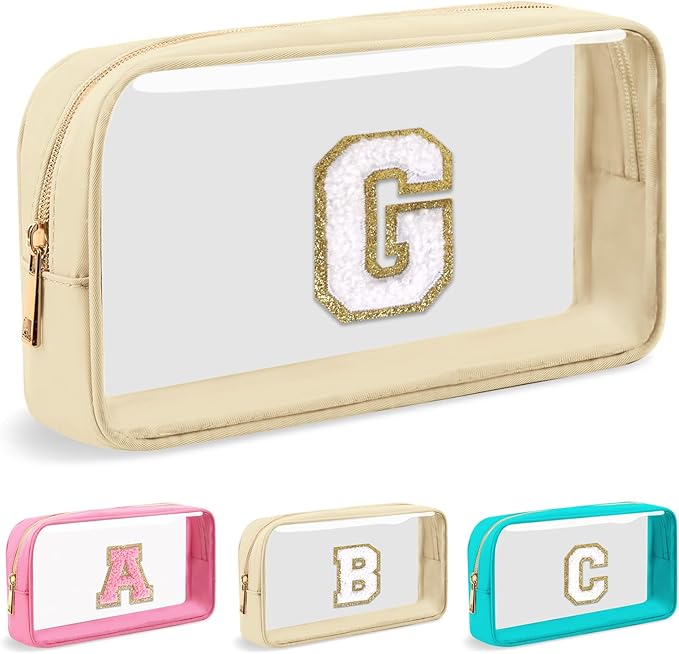 Personalized Initial Letter Clear Makeup Bag, Preppy Small Nylon & PVC Cosmetic Zipper Bag with Chenille Letter, Portable Beach Travel Skincare Toiletry Bag, Trendy Monogram Gift for Teen Girls Women, G