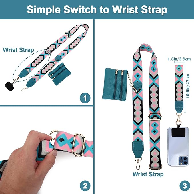 XANGNIER Clip and Go Strap for Phone with Wallet Crossbody, Phone Strap with Zippered Wallet, Adjustable Anti Theft Cellphone Lanyard for Women, Cellphone Chain Accessories,Multicolor 8
