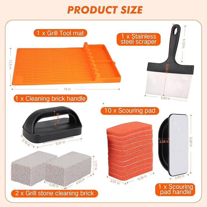 Griddle Cleaning Kit for Blackstone- Includes Large Silicone Tool Mat, Griddle Scraper, Cleaning Bricks, Scouring Pads with Handle, Cleaning Tools Accessories for Blackstone Flat Top Grill