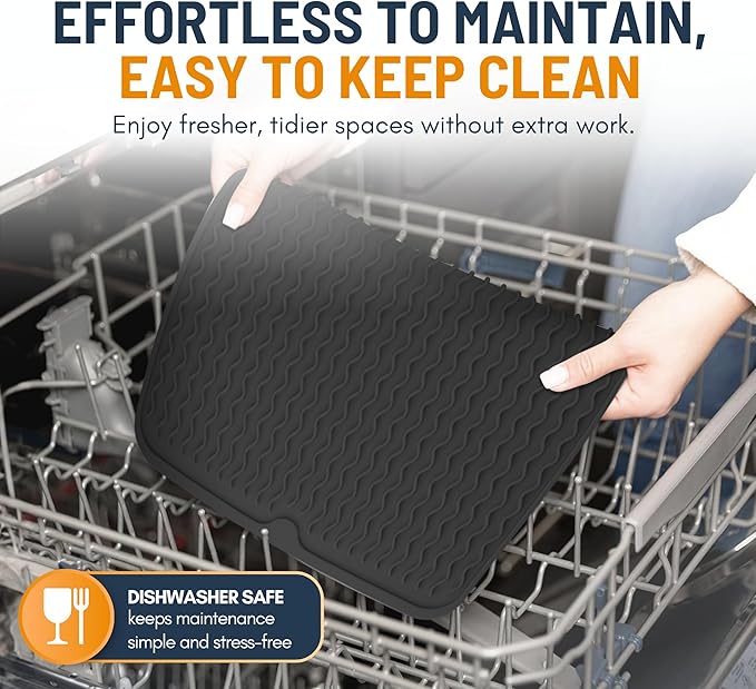 Silicone Dish Drying Mat for Kitchen Counter - Multi-Use 16 x 12 Inch Pad, Non-Slip & Heat-Resistant, Perfect Dish Drainer Mat by Linda’s Essentials, Ideal Kitchen Accessory (Black)