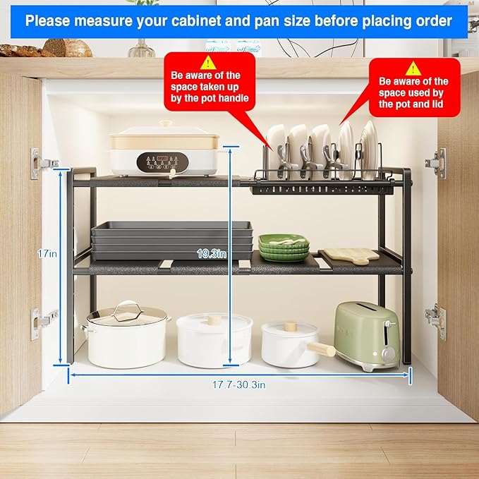Pots and Pans Organizer Under Cabinet, Expandable 2 Tier Under Sink Organizers and Storage Adjustable Height Kitchen Pot and Pan Lid Holder Rack with 6 Dividers (6 panels, 1 Pot rack, Black)