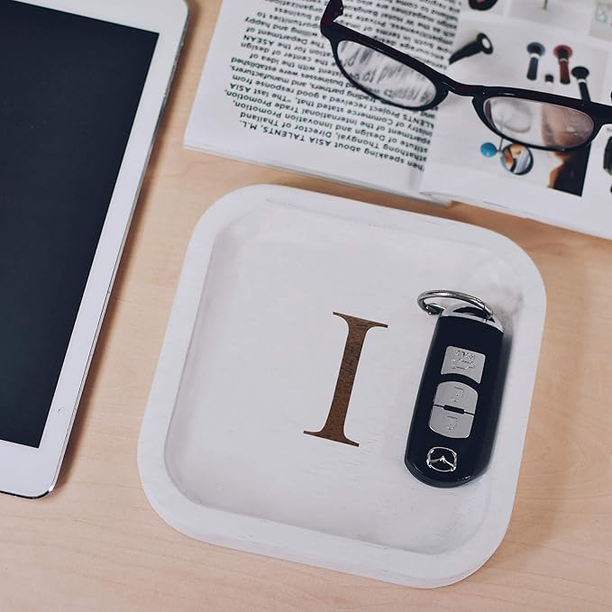 Wooden Personalized Letter Catchall Valet Tray Trinket Dish Jewelry Tray Key Bowl Decorative Plate Organizing Ring Earrings Necklaces Bracelet Watch Coins Wallet Holder (6"x6" Sq White "I")