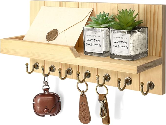Rebee Vision Farmhouse Pine Key Holder Wall Mount for Room Decor - Key Holder for Wall with Floating Shelf for Placeable Plants - Rustic Key Hanger for Apartment Essentials (Original Wood, 15-inch)