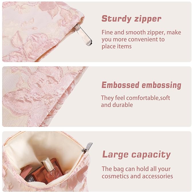ZLFSRQ Flower Makeup Bag Travel Cute Floral Cosmetic Bags for Women Large Capacity Toiletry Pouch Zipper Cosmetic Pouch for Purse Aesthetic Embossed Pink Makeup Organizer Portable Toiletry Bags