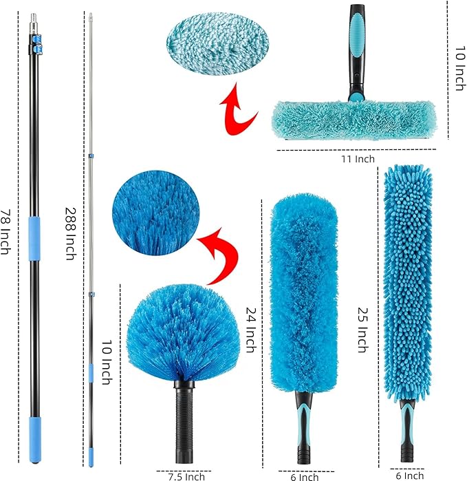 Hicavar 30 Foot High Ceiling Fan Duster with 6-24 Foot Extension Pole, Extendable Reusable Cobweb, Feather, Window Cleaning Squeegee Kit