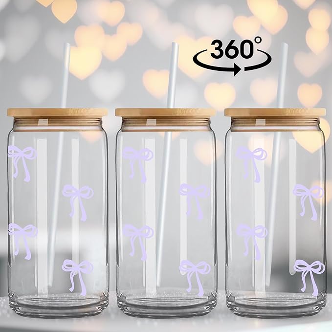 Coquette Cute Lavender Light Purple Bow Glass Cups with Lids and Straws, Aesthetic Iced Coffee Cup Preppy Room Decor, Christmas Valentines Birthday Gifts for Women, Teen Girl Gifts Trendy Stuff
