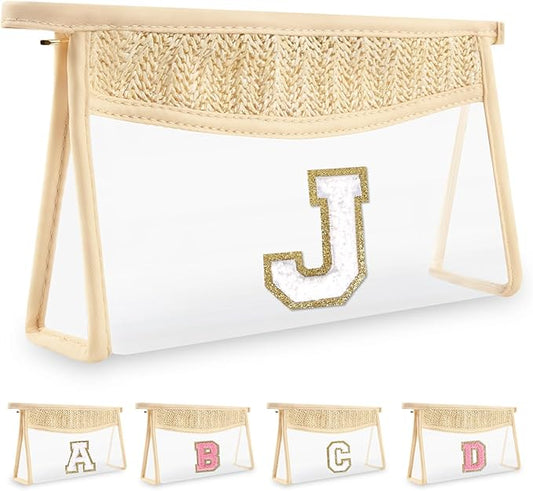 Personalized Initial Letter Bag Boho Straw Clear Makeup Bag, Small Cute Chenille Varsity Letter Pouch with Zipper, Beach Travel Toiletry, Portable Monogrammed Cosmetic Bag for Women Girls, J