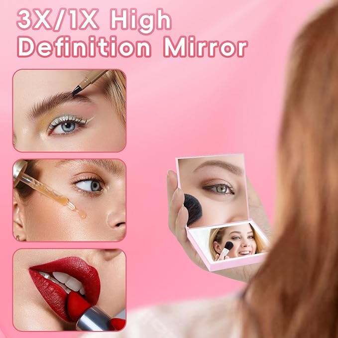 ALLROSE Compact Mirror, 1X/3X Magnifying Travel Mirror with Light Small Purse Mirror Pocket Mirror for Makeup, Mini LED Portable Handheld Makeup Mirror Travel Essentials Gifts for Women Girls, Pink