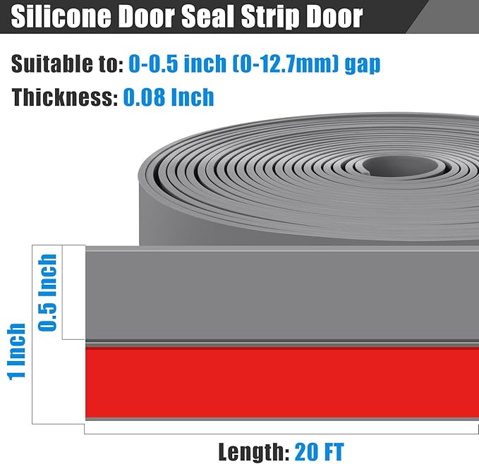 Draft Seal Tape for Doors and Windows 1 in x 20 Ft Silicone Weather Stripping Extra Thick 2mm Door Seal Strip with Strong Adhesive Draft Insulation Stopper Side Seal - Gray