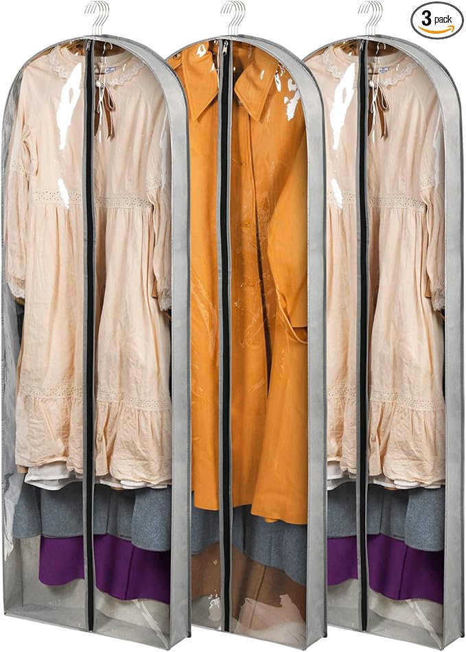 3 Pack 60" Long Garment Bags for Hanging Clothes Storage, Clear Suit Garment Bags with 4" Gussets for Closet Storage Travel, Plastic Protector for Dress Gowns, Coats, Suit, Down Jacket