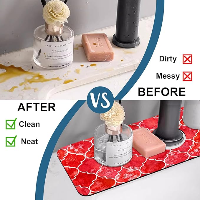 Watercolor Moroccan Marbled Kitchen Sink Splash Guard Faucet Mat Red Tiles Super Absorbent Fast Drying Mat Sink Splash Guard Behind Faucet for Kitchen Bathroom, 15.5"x5.5"