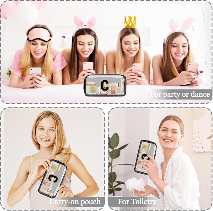 Small Clear Personalized Initial Makeup Bag,Nylon Preppy A-Z Chenille Letter Patch Cosmetic Pouch Beach Toiletry Bag,Waterproof Zipper Travel Purse Storage Bag Organizer for Women Girls(Black-Black C)