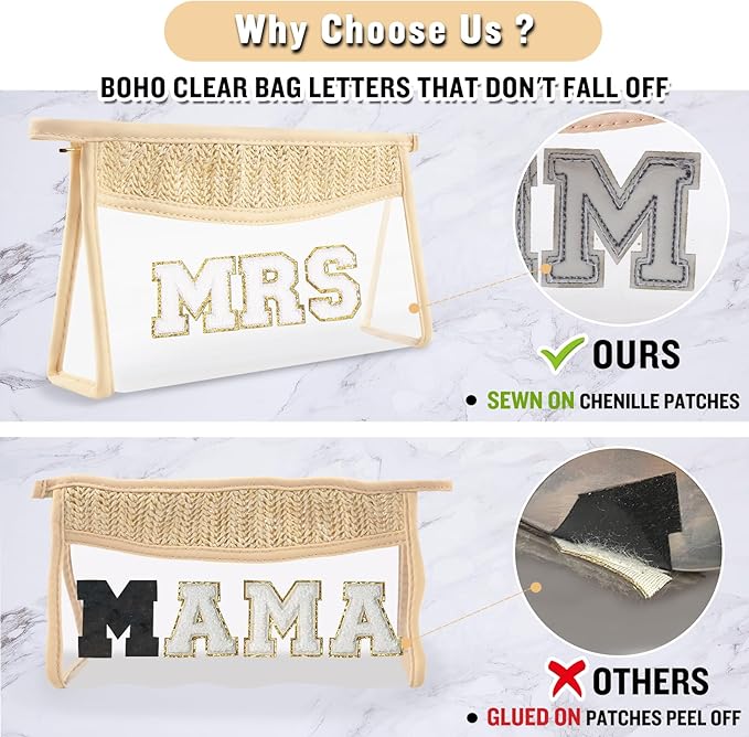 Clear Makeup Letter Patch Makeup Bag MRS Pouch, Boho Clear Toiletry Bags Travel Small Cute Preppy Chenille Letter Cosmetic Zipper Pouch Purse, Waterproof Glitter Wedding Makeup Storage for Women (MRS)