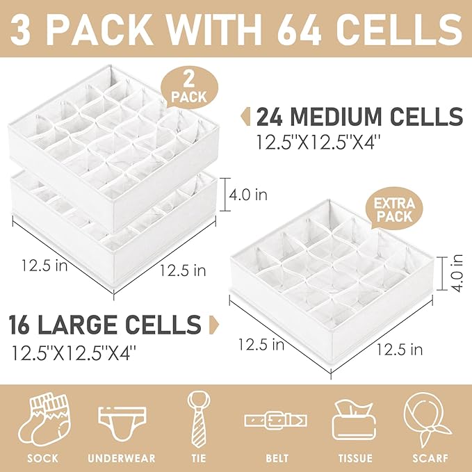 Criusia 3 Pack Sock Underwear Drawer Organizer Dividers, 64 Cell Fabric Foldable Cabinet Closet Organizers and Storage Boxes for Storing Socks, Panties, Ties (16+24+24 Cell, White)