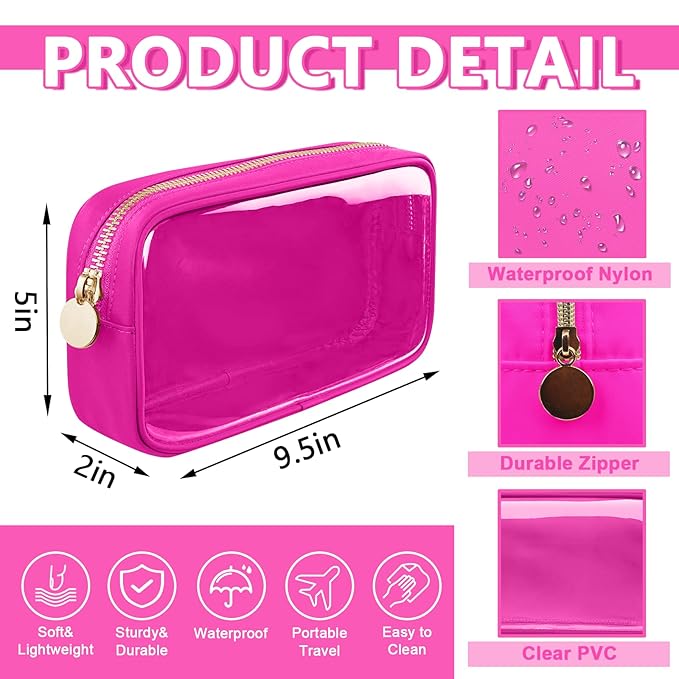 Clear Small Makeup Bag with Zipper, Nylon&PVC Cosmetic Travel Bag Preppy TSA Approved Toiletry Bag for Women Girls, Transparent Waterproof Makeup Pouches Cute Travel Bag for Purse (Small-Hot Pink)
