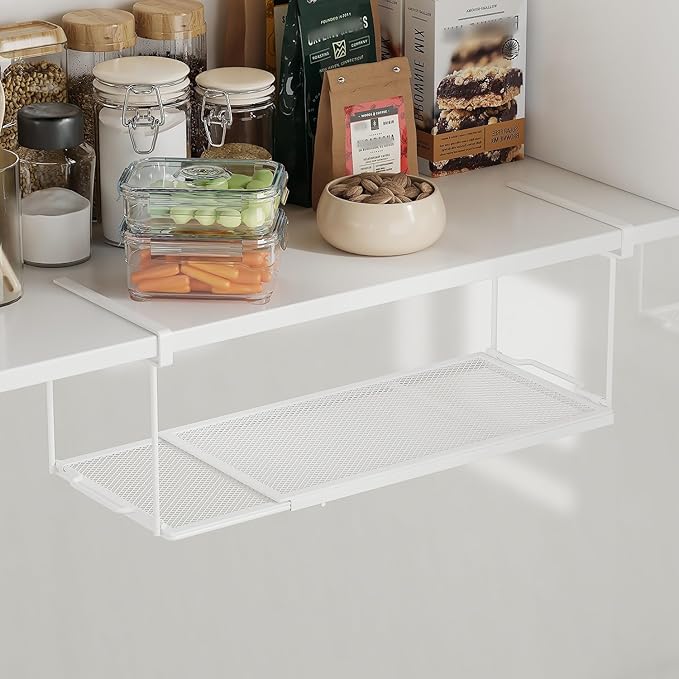 1 Pack Expandable Under Cabinet Shelf, Under Shelf Basket with 0.94 Inches Thick Clips for Kitchen Cupboard, Metal Hanging Under Desk Basket for Laundry Room, Cabinet, Shoe Rack