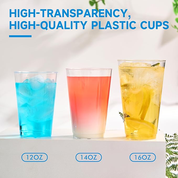 RACETOP 16 oz 200 Pack Disposable Plastic Cups, Disposable Clear Plastic Cups for Parties, Weddings, Gatherings, and Festival Events