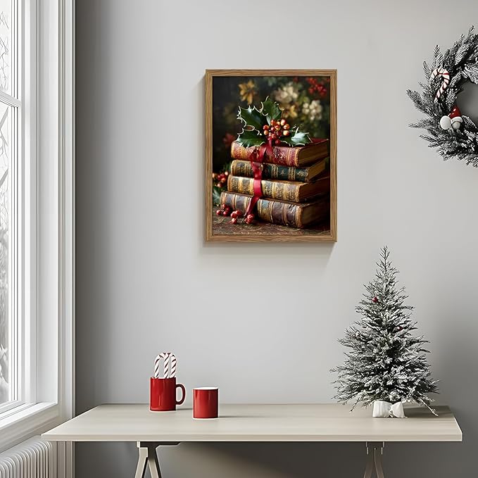 Vintage Christmas Books Canvas Wall Art Framed, Dark Academia Pictures Wall Decor, Rustic Xmas Bookish Decor, Moody Paintings Prints, Winter Navidad Artwork for Home Library Reading Room 12x16 Inch