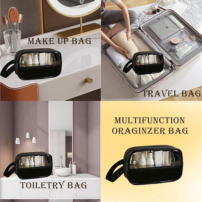 Clear Makeup Bag, Portable Travel Toiletry Cosmetic Bag Case for Women, TSA Approved Transparent PVC Waterproof Clear Pouch for Travel Essentials for Women - Black