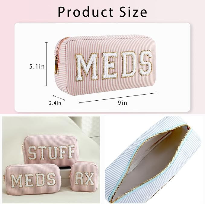 uekeboag Seersucker Chenille Letter Stuff Meds RX Makeup Bag, Travel Washable Purse Organizer with Zipper, Lightweight Toiletry Cute Personalized Preppy Cosmetic Bag For Women and Girls(04Pink Meds)