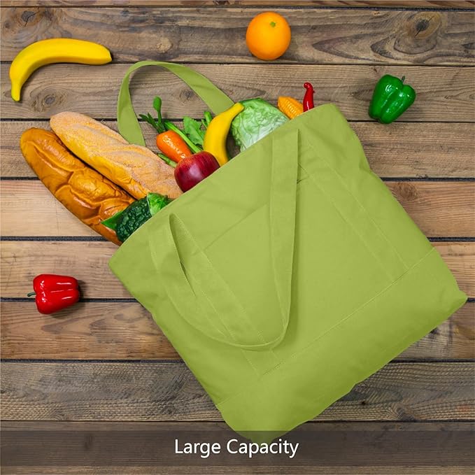 TOPDesign 6-Pack Canvas Tote Bags with an External Pocket, Reusable Grocery Shopping Bags, Top Zipper Closure, Daily Essentials (Light Green)