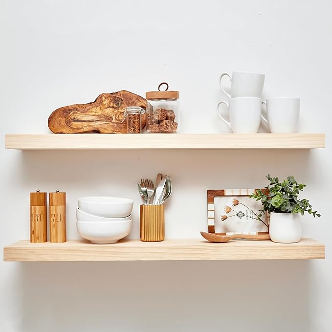 Homeforia 36-inch Natural Floating Shelf, High-End Solid Real Wood 36-inch Small Floating Shelves for Wall Mounted, Natural Wooden Floating Shelves, Heavy Duty Bracket, 36 X 6.5 X 1.75 in, Set of 3