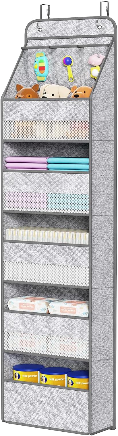 Univivi 6-Shelf Over Door Hanging Organizer Fabric Baby Door Storage with 5 Large Pockets and 3 Small PVC Pockets Wall Mount Hanging Storage Organizers for Baby Essential (Grey Pattern)