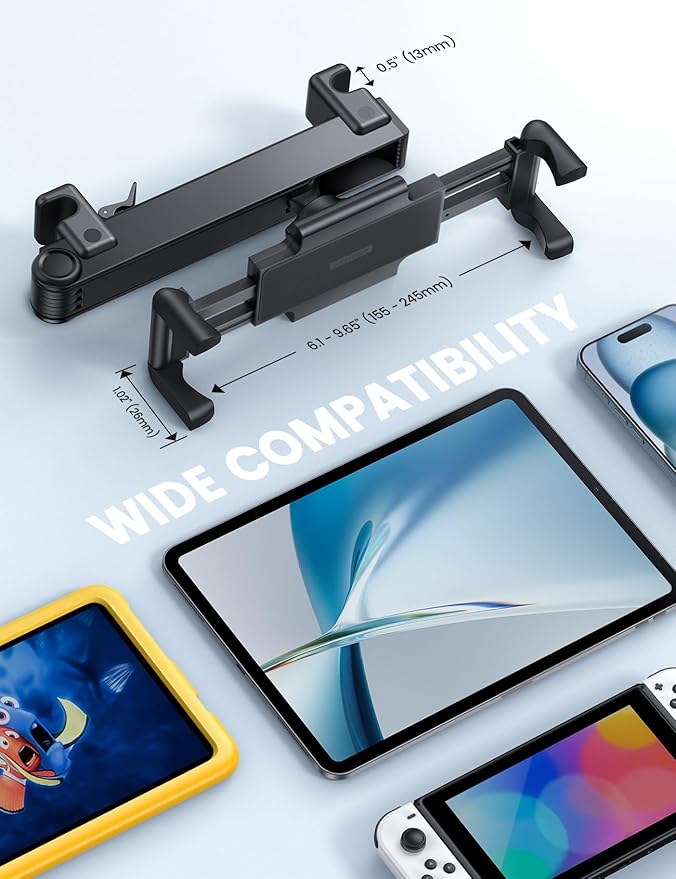 Aomiker Car Headrest iPad Holder - [Aluminium Lockable Arm] Universal Car Tablet Mount Backseat with Foldable Wide Clip, Road Trip Essentials for Kids, for iPad Pro, Air, Mini, Galaxy, 6.1-13” Device