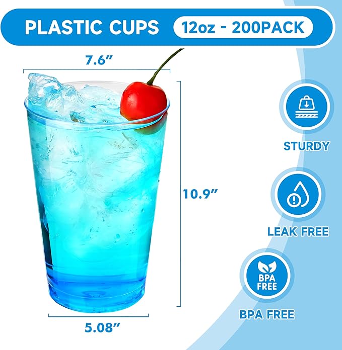 RACETOP 12 oz 200 Pack Disposable Plastic Cups, Disposable Clear Plastic Cups for Parties, Weddings, Gatherings, and Festival Events