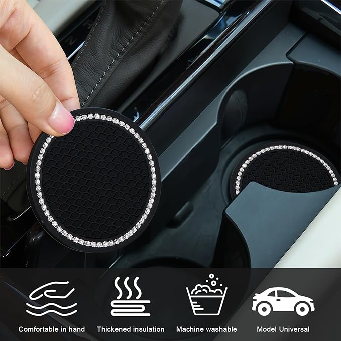 Bling Car Cup Holder Coaster, Anti-Slip Rhinestone Cup Holder Insert (4 Pack) with Push Start Button Cover Button Ring (2 Pack), Shiny Diamond Car Interior Accessories for Women (Black)